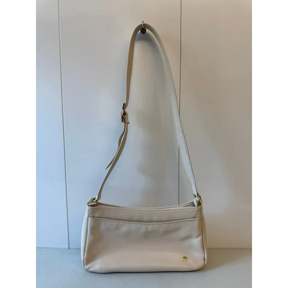 Etienne Aigner Cream Leather Crossbody Shoulder Bag Gold Logo Vintage Style
